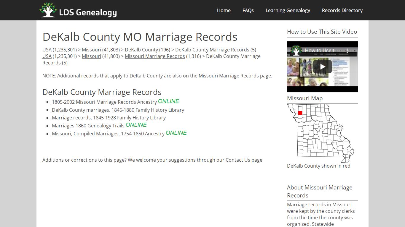 DeKalb County MO Marriage Records - LDS Genealogy